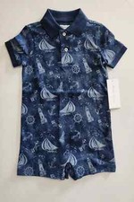 POLO RALPH LAUREN Kid's Logo Nautical-Flag Cotton Mesh Polo Shortall NEW w TAGS