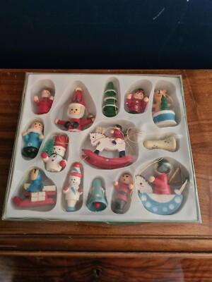 Vintage Kurt Adler Petite Treasures Stil 12 Stück Set Holz Ornamente