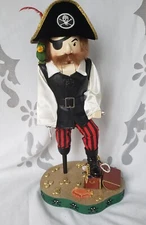 15" Pirate Nutcracker Village Figurine Parrot Peg Leg Treasure Chest Gold Jewels