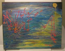 Fabulous Outsider Art FLYING FISH over Moonlit Water SIGNED Oil on Canvas!!