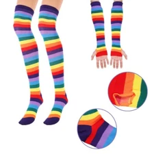 Women's Girl Over Knee Socks Rainbow High Thigh Long Stripey Stocking Gloves NEW