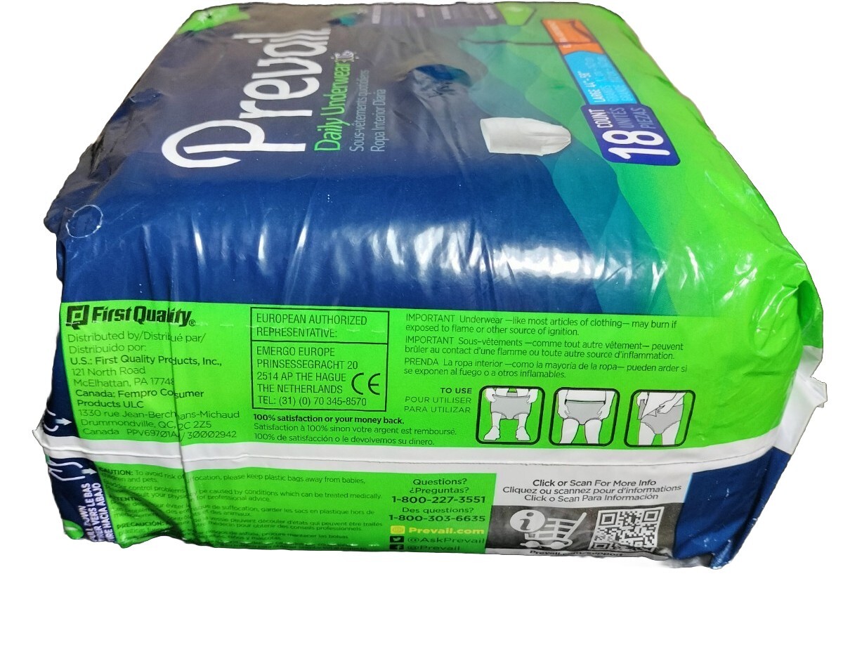 3 PCS LOT Prevail PerFit Large Daily Underwear 18 Count Each 54 Total