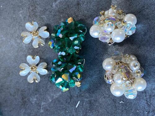 VTG LOT- 3 PAIR 1950'S/60'S CRYSTAL & FLORAL EARR… - image 1