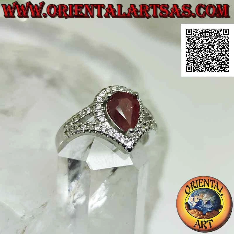Anello in Argento 925‰ rubino naturale a goccia incastonato contornato da zircon - Immagine 4 di 4