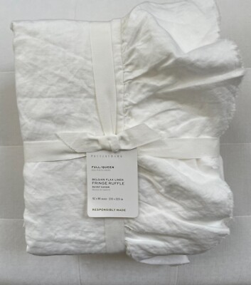 Pottery Barn BELGIAN FLAX LINEN FRINGE RUFFLE Duvet Full/Queen White NWT