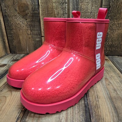 WOMENS US 6 UGG CLASSIC CLEAR MINI RAIN BOOT PINK WATERPROOF
