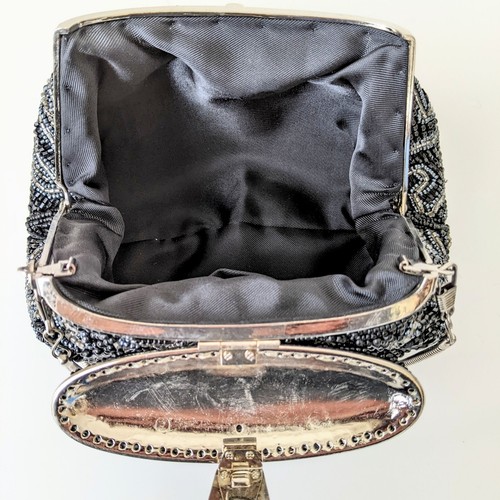 Japanese Vintage Beaded Evening Shoulder Bag Abstract Pattern Blk/Silver 7x4 in - Picture 15 of 21