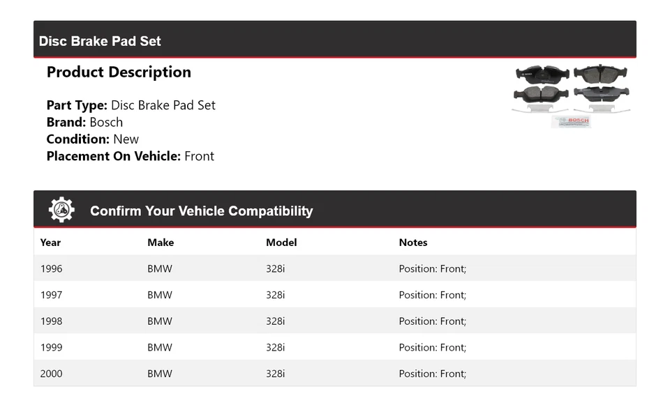 Pastillas de freno delanteras de cerámica QuietCast Bosch 1996-2000 BMW 328i Bosch 1997 1998 1999 Foto 2 de 4