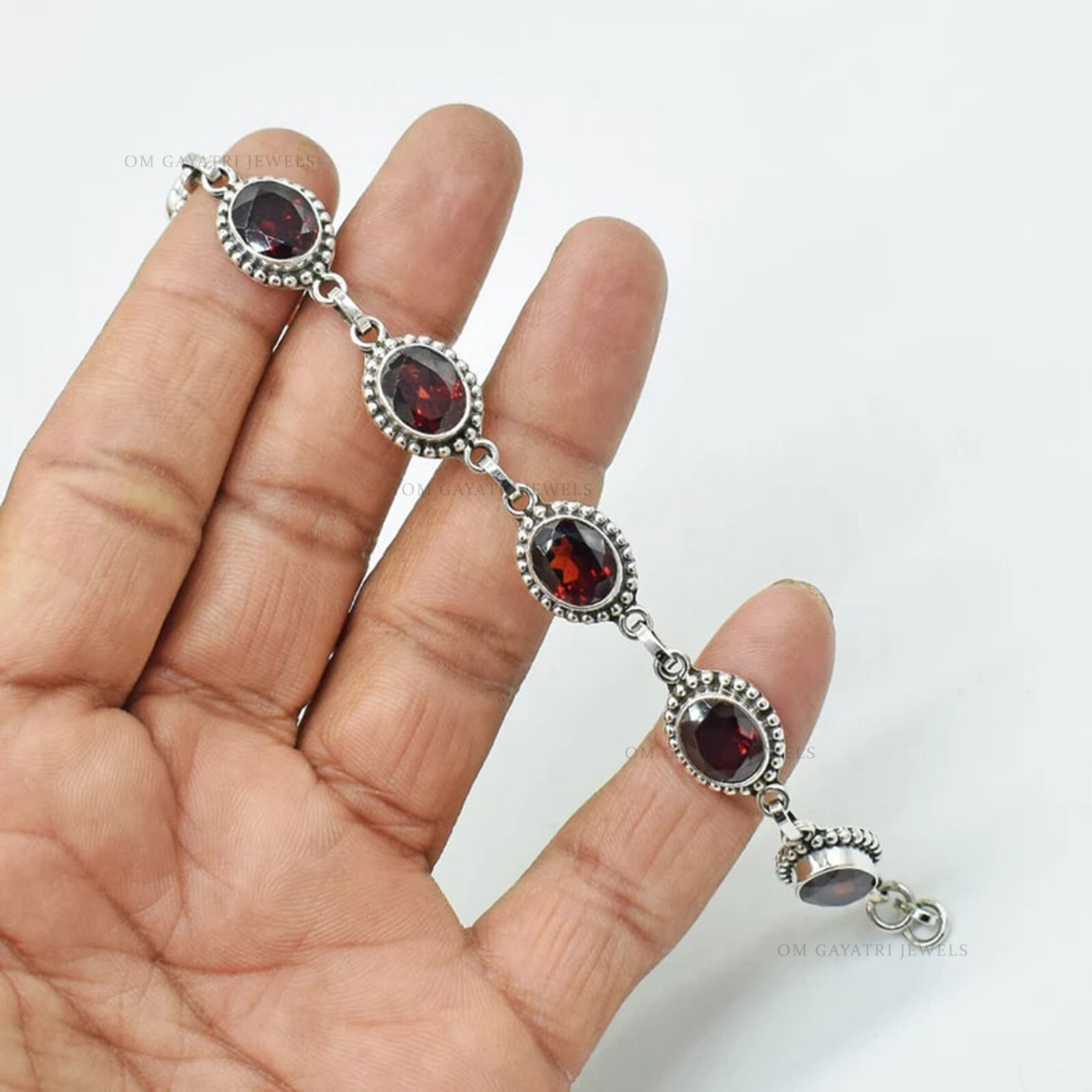 Natural Red Garnet Bracelet 925 Sterling Silver Handmade Bracelet Jewelry
