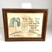 Framed Child Embroidered Primitive Style Sampler Folk Art * Not Antique * READ