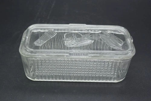 Vintage Federal Glass Clear Ribbed Rectangular Refrigerator Dish with Lid