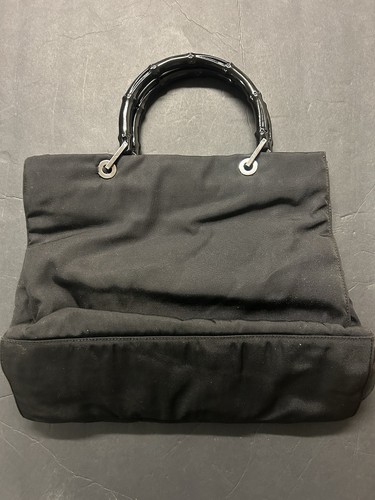 GUCCI Purse with Bamboo Handles - Luxury Hand Bag Nylon - All Black - - Picture 4 of 13