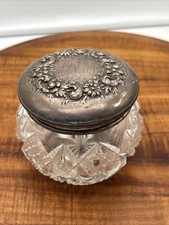 Victorian Cut Glass Powder Jar W/ Sterling Silver Embossed Floral Lid CD Peacock