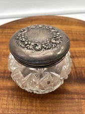 Victorian Cut Glass Powder Jar W/ Sterling Silver Embossed Floral Lid CD Peacock