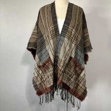 Quagga Plaid Fringe Wrap Poncho One Size Brown Tan Red Fall Layer Boho Chic