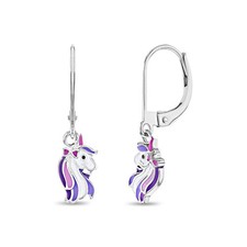 Rainbow Unicorn Dangle Children's / Girls Earrings Lever Back - Sterling Silver