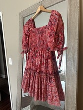 Cara Cara Red Paisley Floral Smocked Tiered Mini Dress Size Medium
