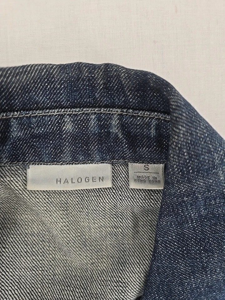 Chaqueta larga de mezclilla halógena Y2K para mujer hecha en Hong Kong - pesada - abotonada talla S Foto 3 de 4