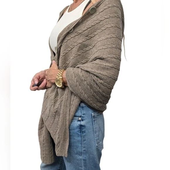 Soft Surroundings Lambswool Cashmere Cable Knit Shawl Wrap Button Poncho S/M