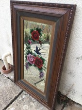 Victorian Reverse Painted and Etched Wall Mirror in Oak Frame Pink and Red Roses