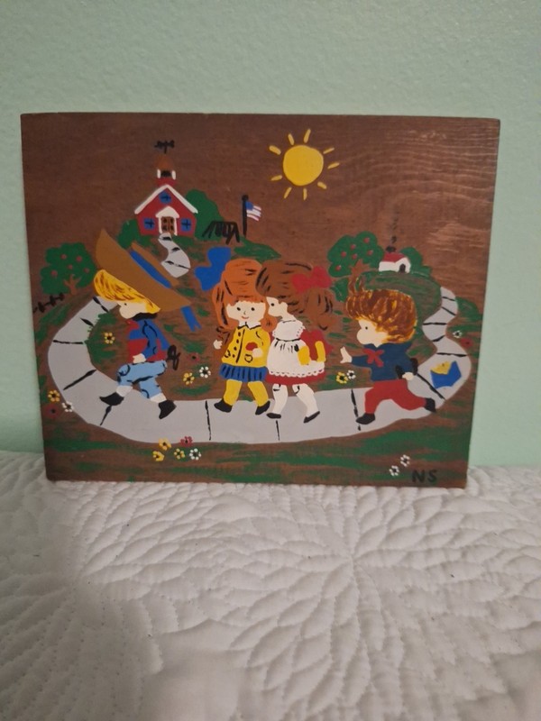 Vintage Folk Art Painting Children Going To School Unframed Sgn . N. A. 9 X 8 In