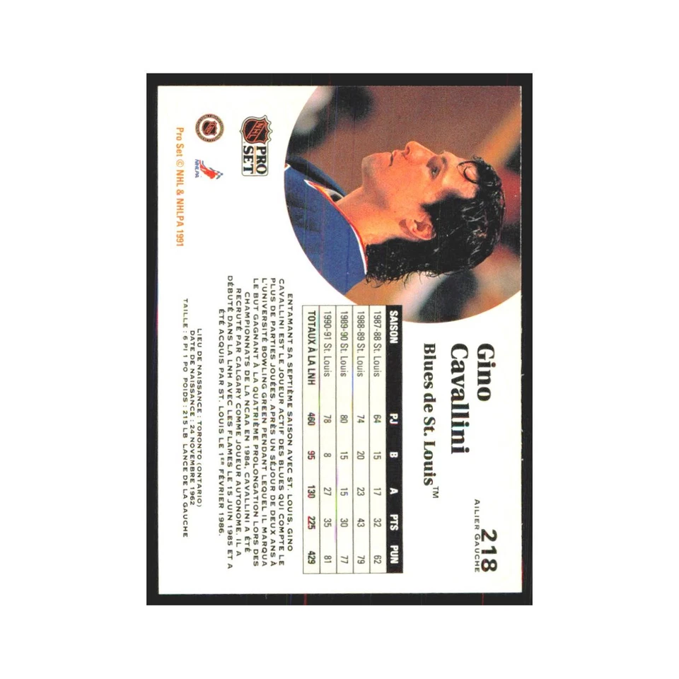 1991 Pro Set Gino Cavallini St. Louis Blues #218 - Image 2 of 3