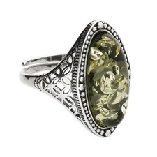 Large Adjustable Vintage Oval Green Amber Ring Solid Sterling Silver 925