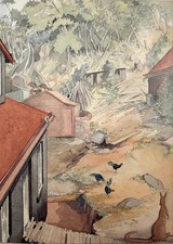 Ivy Attwell. Watercolour rural scene, chickens, kangaroo New Guinea / Australia?