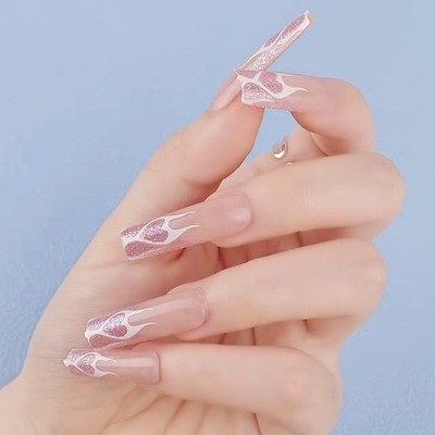 48pcs-Pink Glitter Fire Press on Nails, Long Coffin with White Flame Pattern