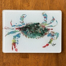 Gyotaku Fish Printing Blue Crab Glass Counter Saver Cutting Board Signed