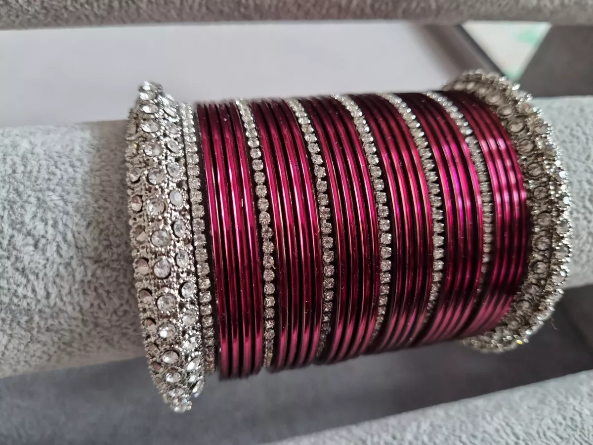 NEW Stylish Indian bangles metallic shine with Dark Pink silver
