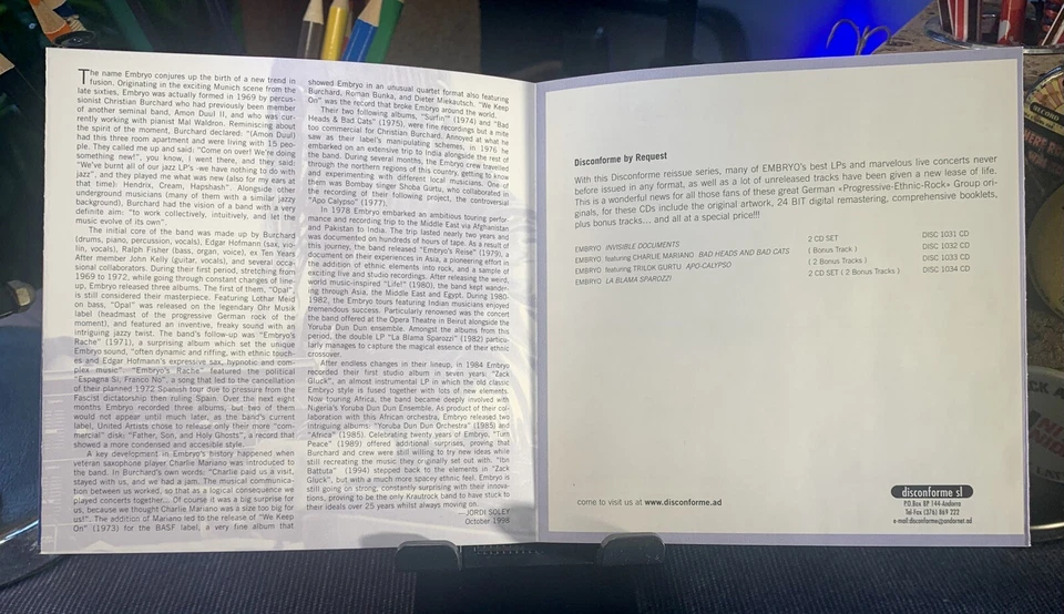 Bad Heads and Bad Cats by Embryo (CD,1999) Disconforme SL – DISC 1032 CD Foto 4 de 4