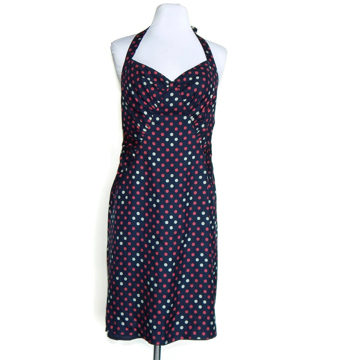 Vtg Y2K Betsey Johnson Cute Red Deep Blue Polkadot Halter Sun Dress size S  /8700