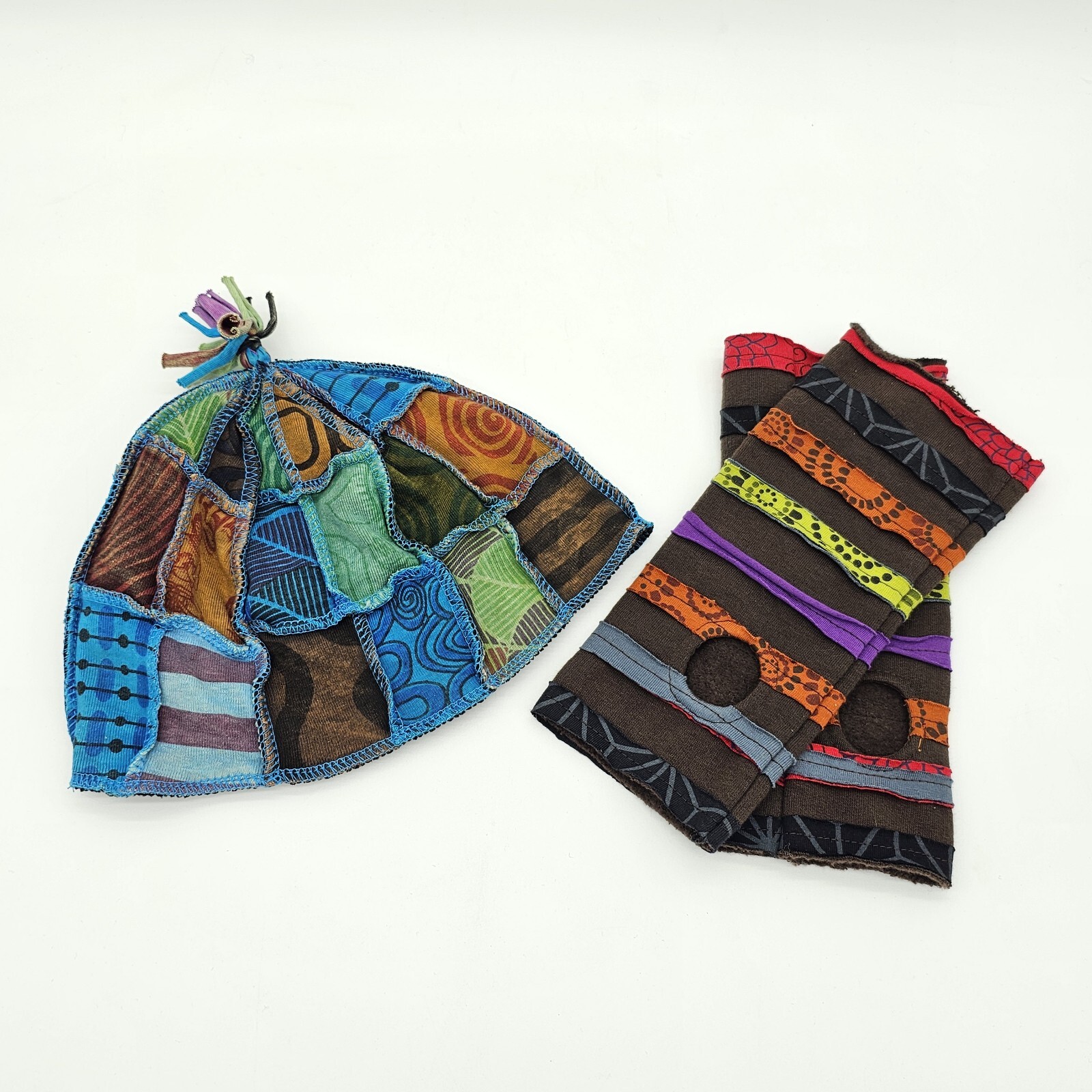 Handmade Patchwork Hobo Beanie Hat Arm Warmer Set… - image 14