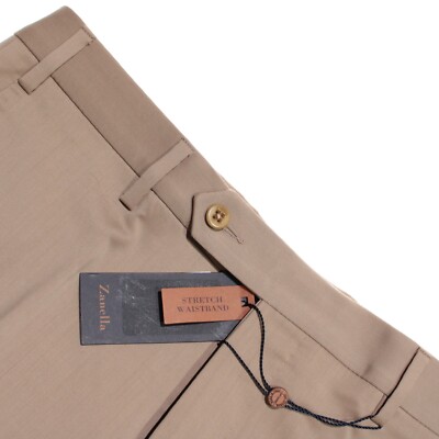Zanella NWT 100% Wool Flat Front Dress Pants Size ~33 US Devon In Solid Beige