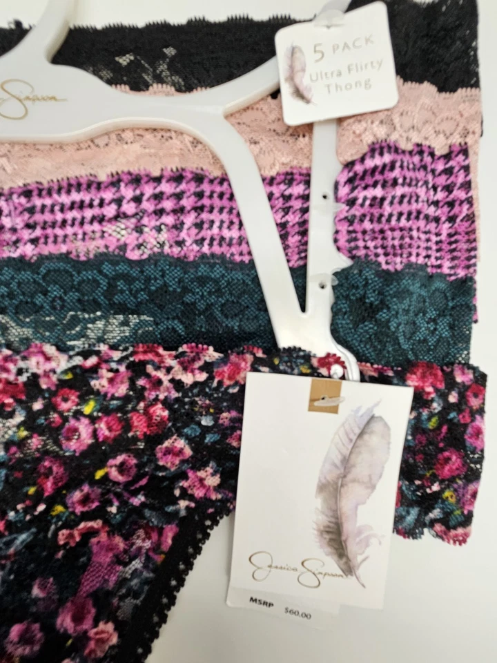 JESSICA SIMPSON 5 Pk Mujeres M L Tanga de Encaje Bragas Negro Vino Beige Rosa Estampados Foto 4 de 4