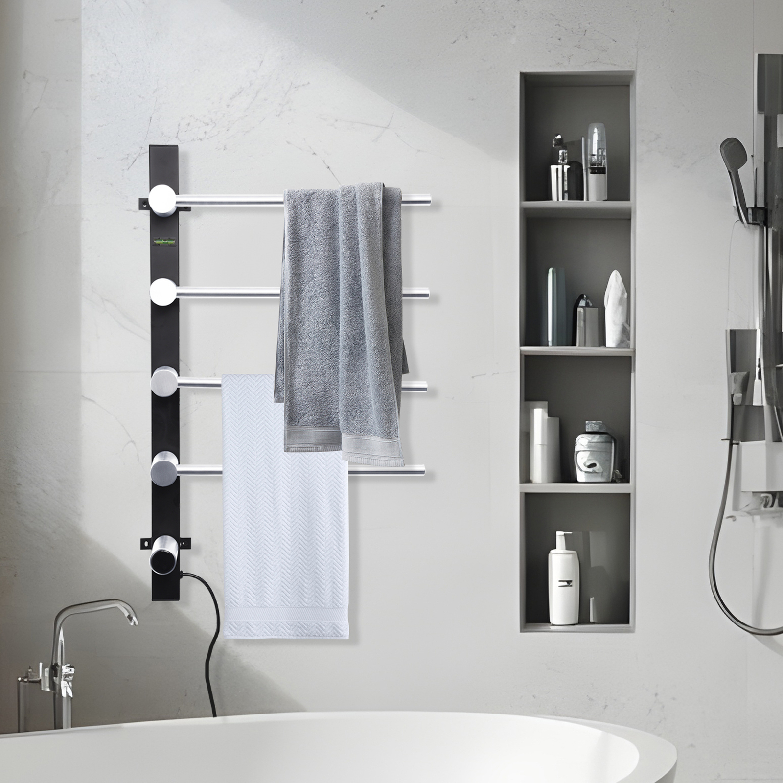 Wall-mounted heated towel rack with 4 bars and adjustable temperature control