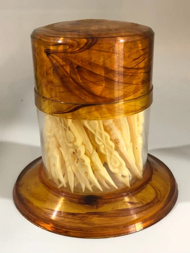 Vintage Plastic Ivory Appetizer and Cocktail Picks Inside Caddy