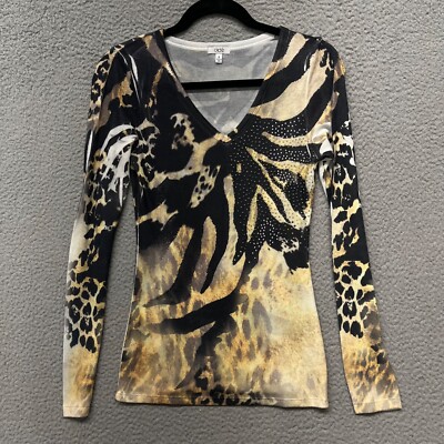 Cache Top Womens S Tiger Stripe Animal Print V Neck Y2K Mob Wife Slim Fit