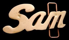 LK22101 NOS VINTAGE 1970s/80s CUT-OUT SCRIPT NAME  SAM  SOLID BRASS BUCKLE