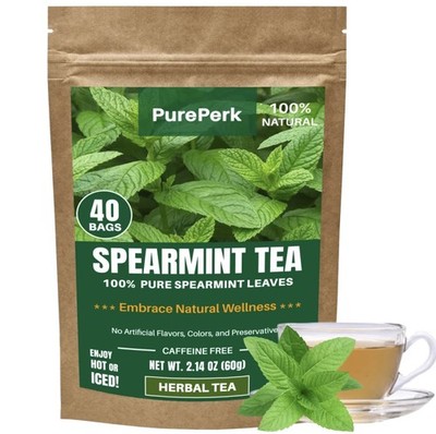 Pure Perk Spearmint Tea- 40 Tea Bags Premium Spearmint Leaf Herbal Tea For PCOS