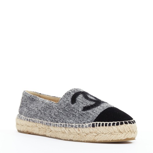 CHANEL grey tweed velvet CC logo toe cap espadrille shoes EU38 - Picture 2 of 11