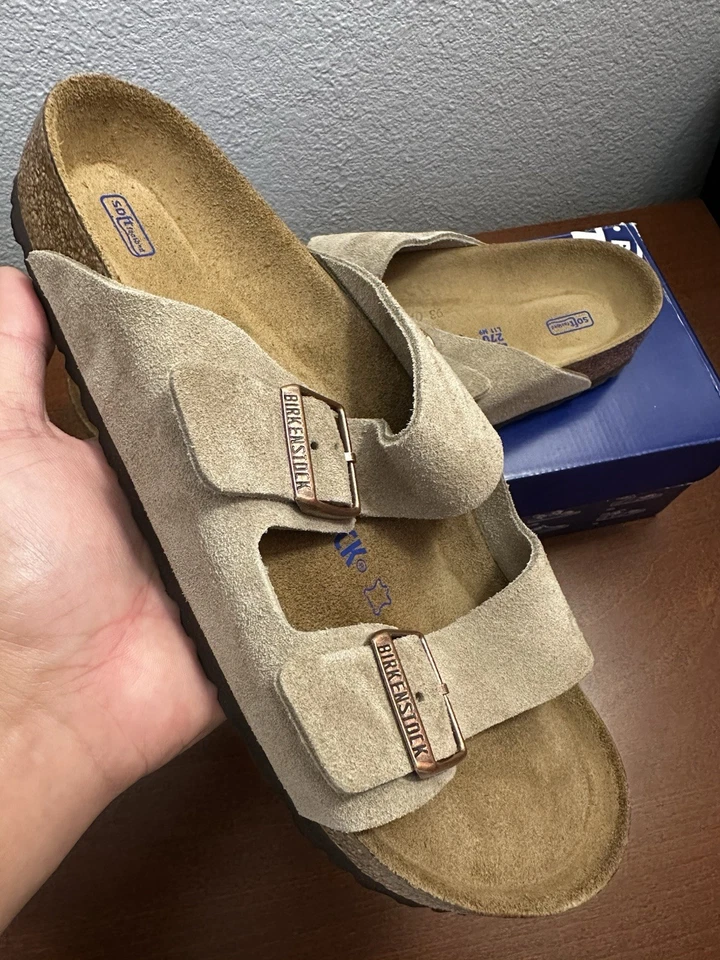 Bir ken stock Arizona Taupe Soft Footbed Suede Leather Sandals Regular/Wide Shoe - Image 3 of 4