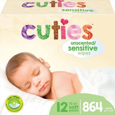 Cuties Sensitive Baby Wipe Aloe/Vitamin E, Press Lid 72 Wipe per Soft Pack 12 Ct