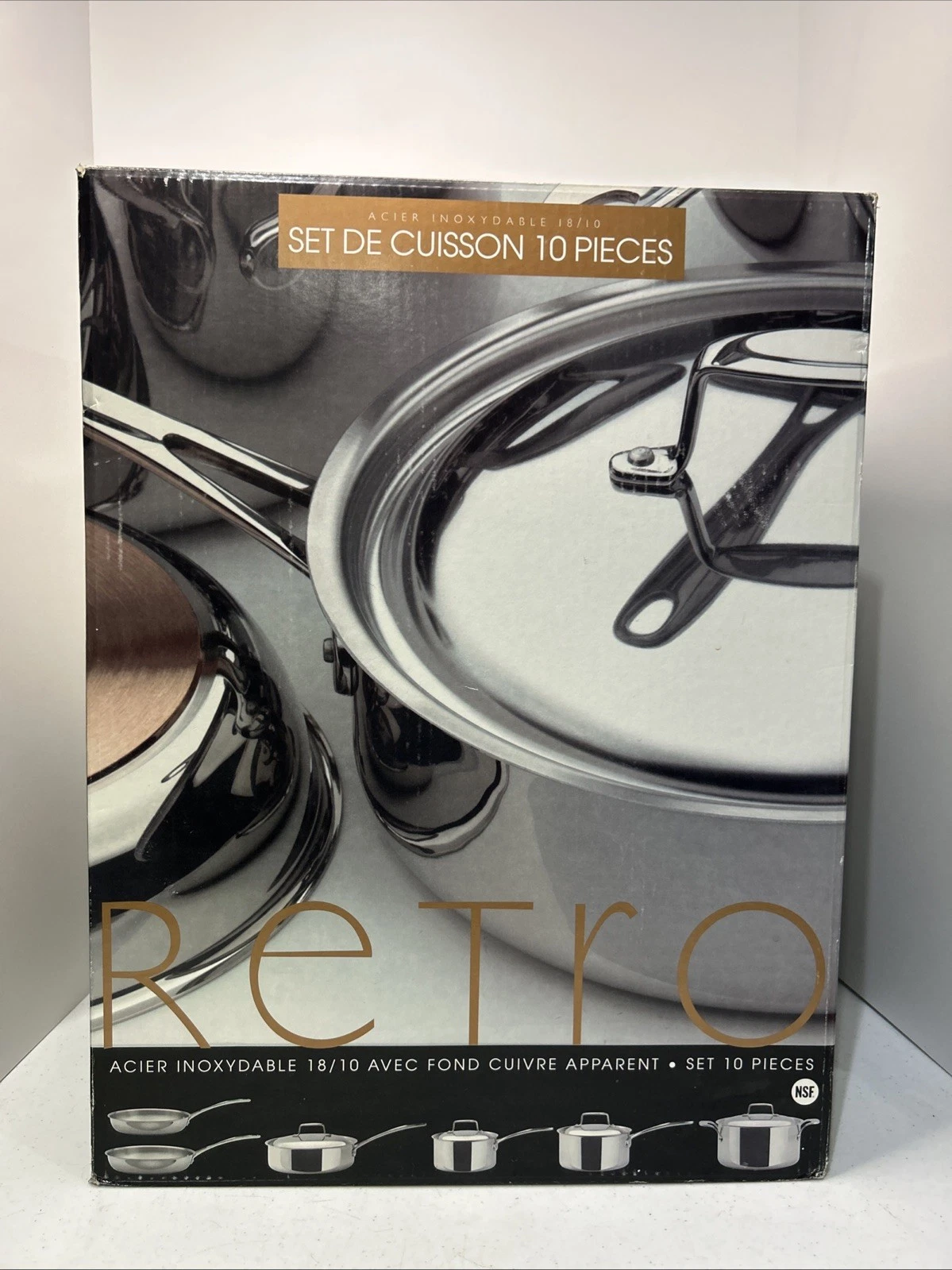Retro 10 Pc Cookware Set 18/10 Stainless Steel Solid Copper Bases New In Box