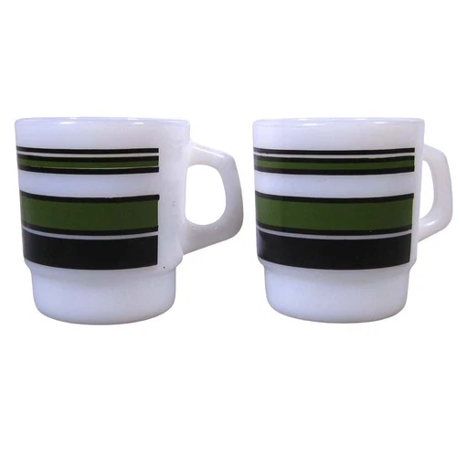 Vtg Anchor Hocking Fire King Super Stripe Stackable Coffee Mugs Lot of 2 Green