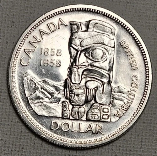 1958 Canada 80% Silver Dollar British Columbia Totem Centennial Death Dollar BU