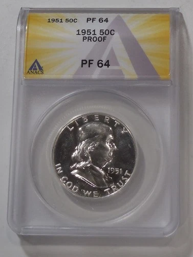 1951 PROOF Franklin Half DOLLAR - 90% SILVER * ANACS PF 64