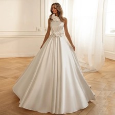 Halter Sleeveless Wedding Dress Open Back Pearls Flower Sweep Train Bridal Gown