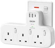 3 Way Plug Extension with USB-C & 2 USB-A QC 3.0, Multi Plug Adaptor